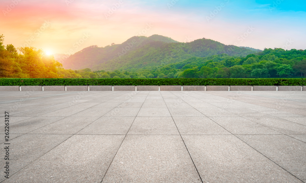 Empty Square Bricks and Natural Landscape Scenery..