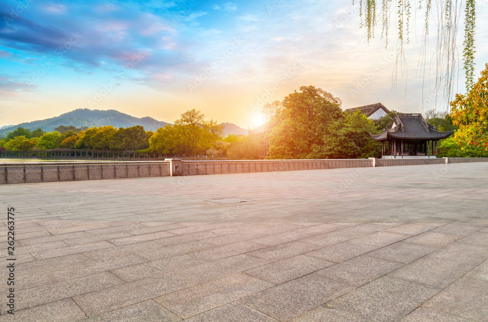 Empty Square Bricks and Natural Landscape Scenery..