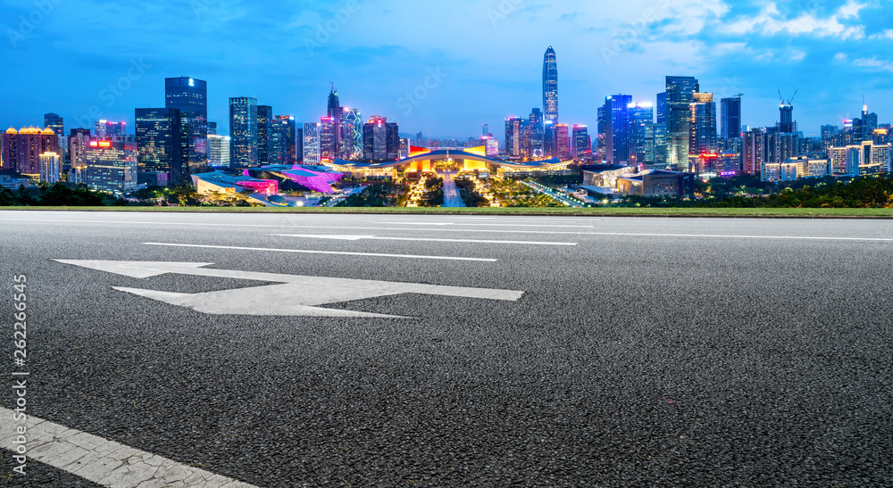 Road and skyline of urban architecture..