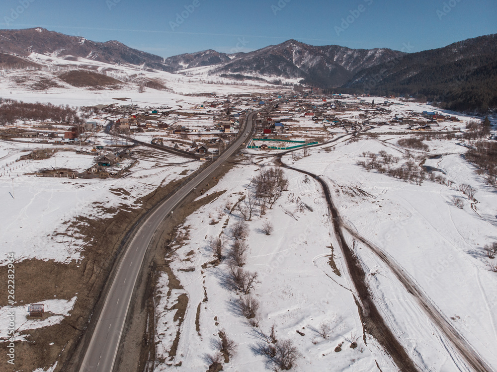 Aerial view of a winter road