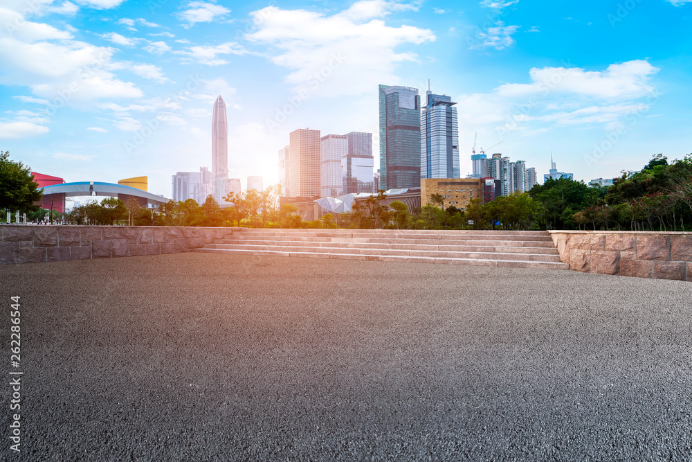 Road and skyline of urban architecture..