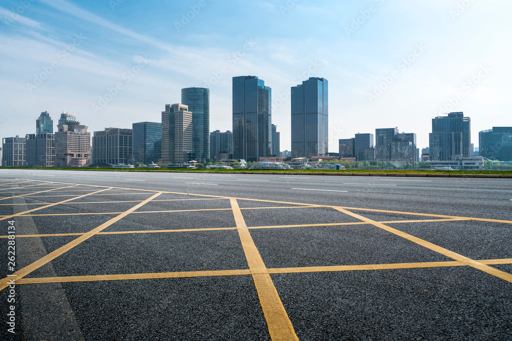 Empty Asphalt Road Through Modern City of Shanghai, China..