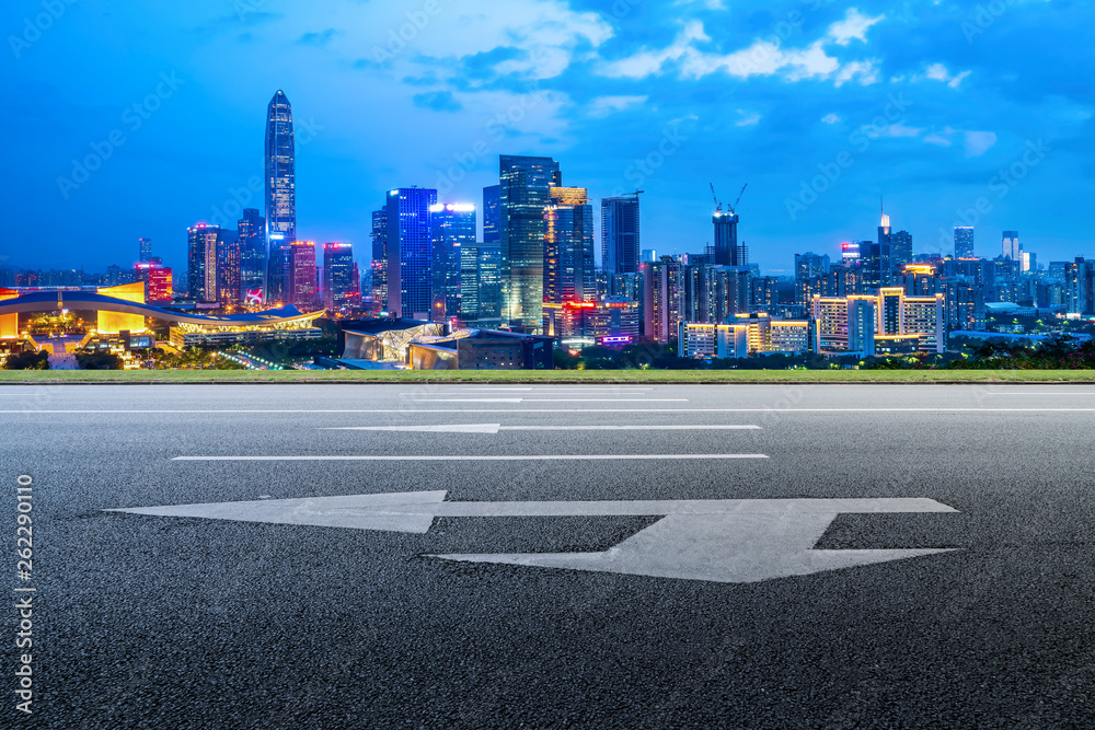 Road and skyline of urban architecture..