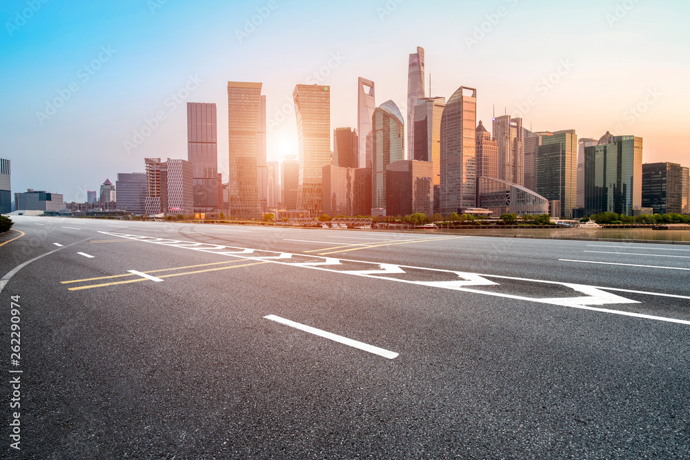 Empty Asphalt Road Through Modern City of Shanghai, China..