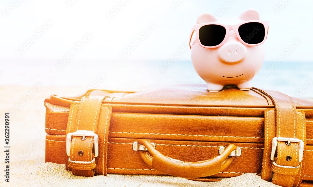 Pink piggy bank in sunglasses on leather travel case over sea beach background. Savings for vacation