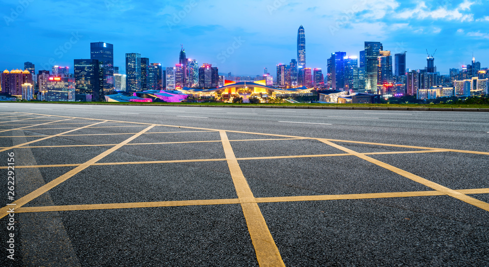 Road and skyline of urban architecture..