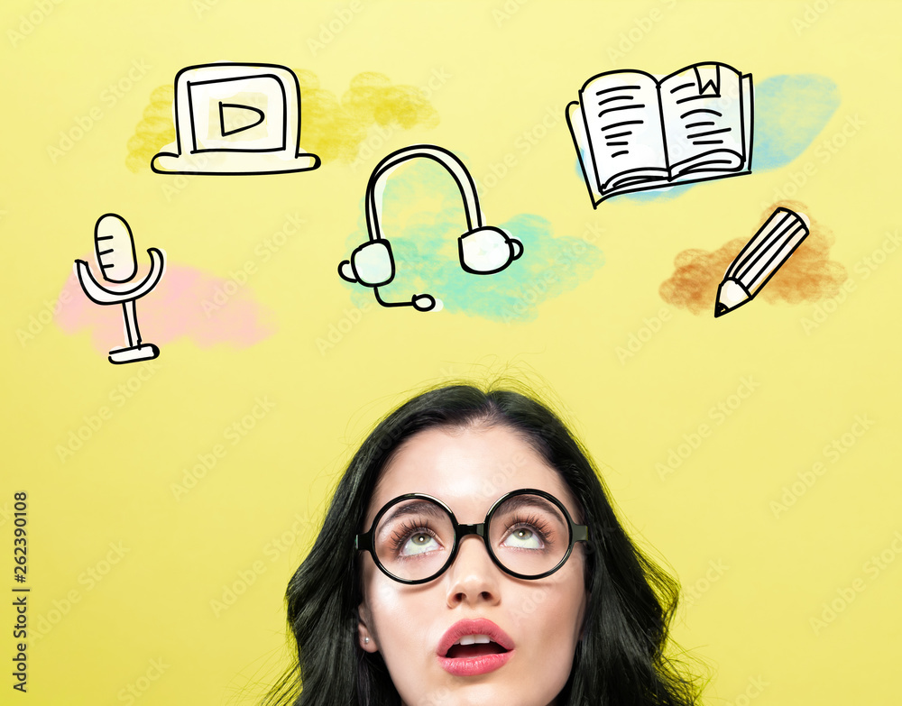 E-Learning illustration with young woman wearing eye glasses