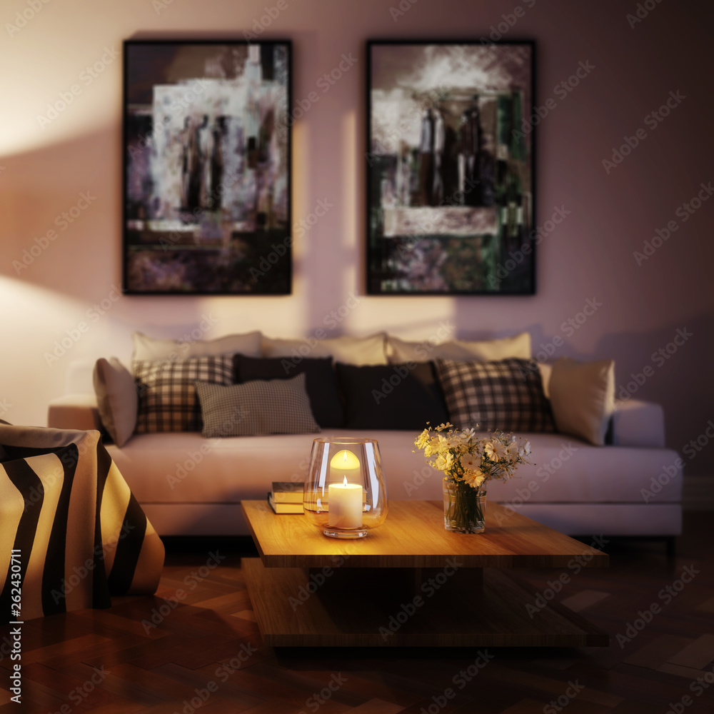 Modern living room interior with paintings by evening (focused on candle) - 3d visualization