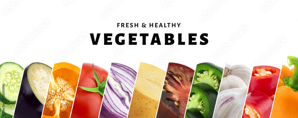 Collage of vegetable isolated on white background with copy space, fresh and healthy vegetables clos