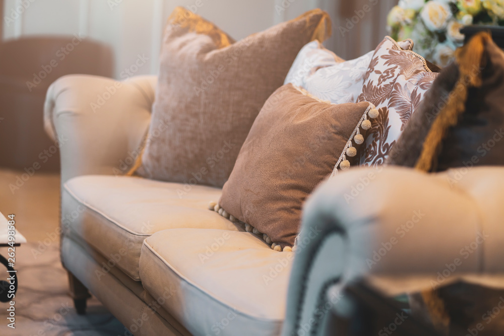 contemporary interior of Living room with part of sofa in sunny day and white curtain interior backg