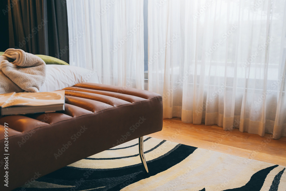 Synthetic carpet on the laminate in the home interior. Close-up