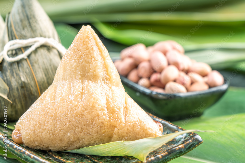 Close up, copy space, famous asian tasty food in dragon boat (duan wu) festival, steamed rice dumpli