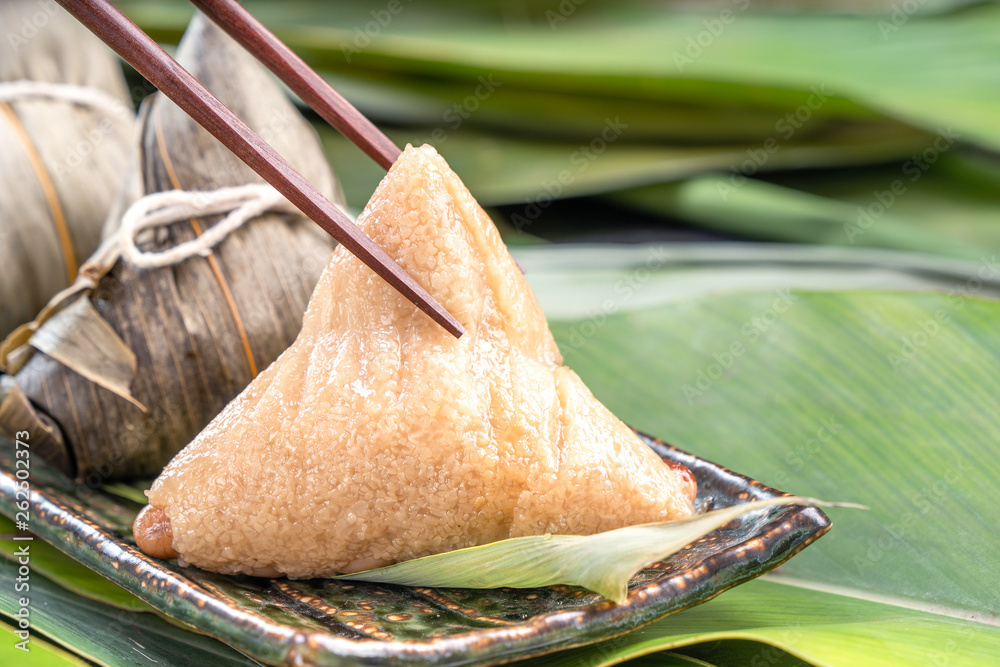 Close up, copy space, famous asian tasty food in dragon boat (duan wu) festival, steamed rice dumpli