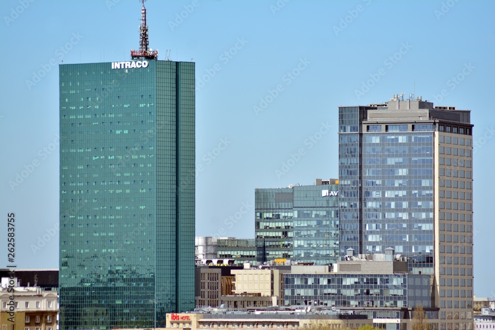 Aerial view downtown business skyscrapers, city center