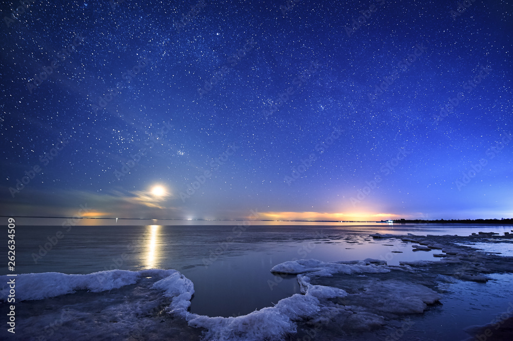 夜晚的星空和湖泊。