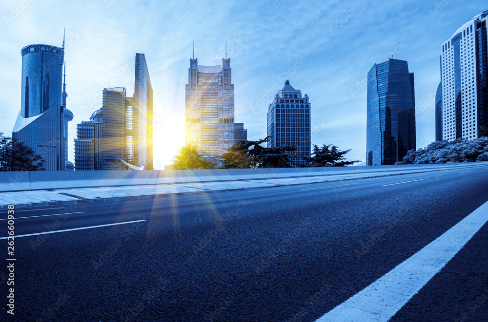 Empty Asphalt Road Through Modern City of Shanghai, China..