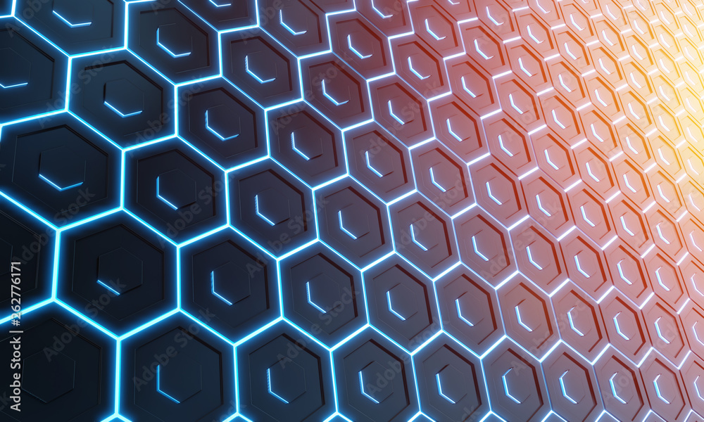 Glowing black blue and orange hexagons background pattern on silver metal surface 3D rendering