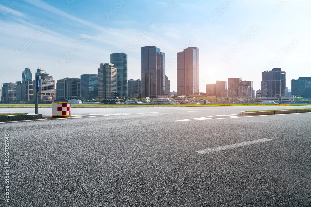 Empty Asphalt Road Through Modern City of Shanghai, China..