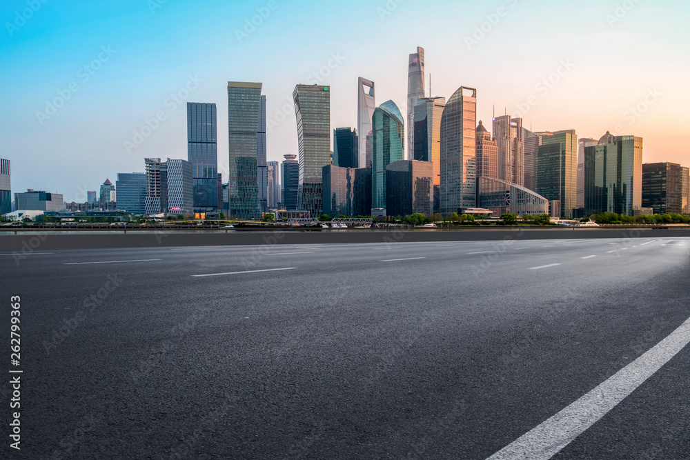 Empty Asphalt Road Through Modern City of Shanghai, China..