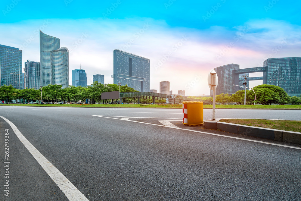 Road and skyline of urban architecture