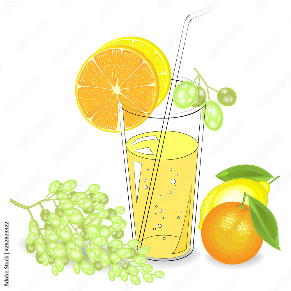 Delicious refreshing drink. In a glass of natural fruit juice, a piece of mandarin, lemon, orange, g