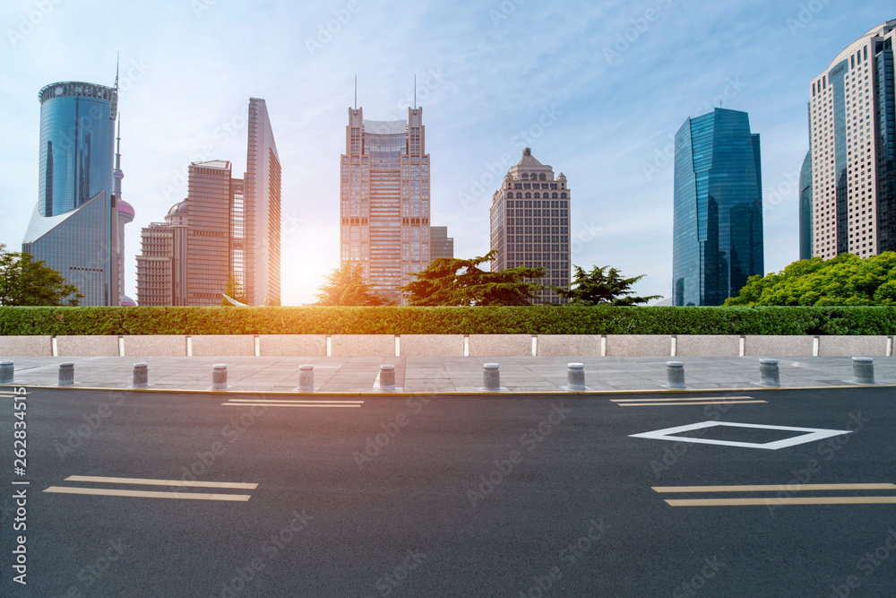 Empty Asphalt Road Through Modern City of Shanghai, China..