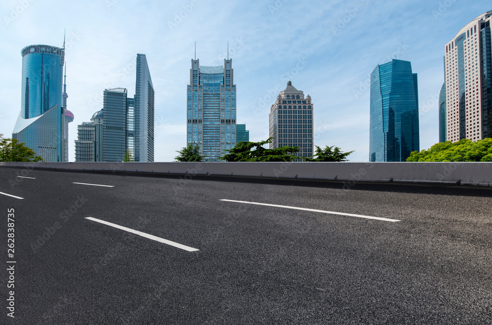 Empty Asphalt Road Through Modern City of Shanghai, China..