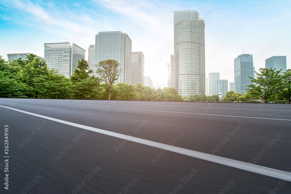 Road and skyline of urban architecture