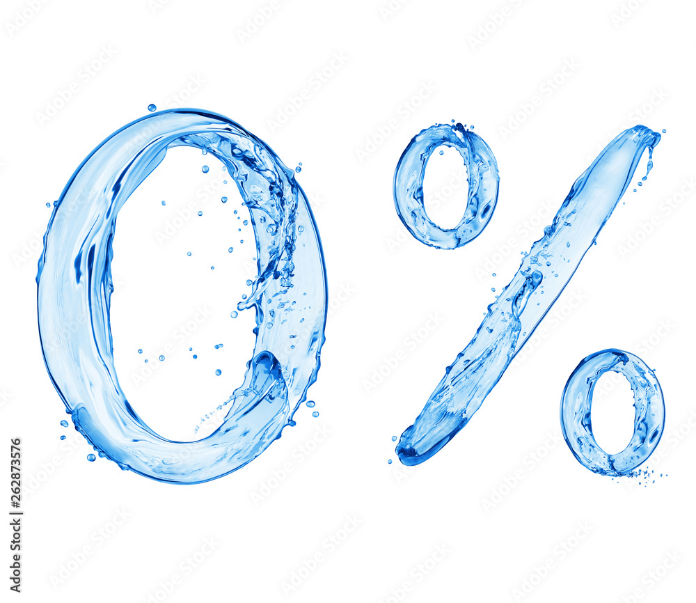 数字0和百分比标志由飞溅的水制成，隔离在白色背景上