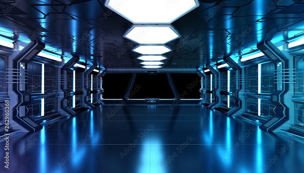 Dark blue spaceship futuristic mockup interior with window view 3d rendering