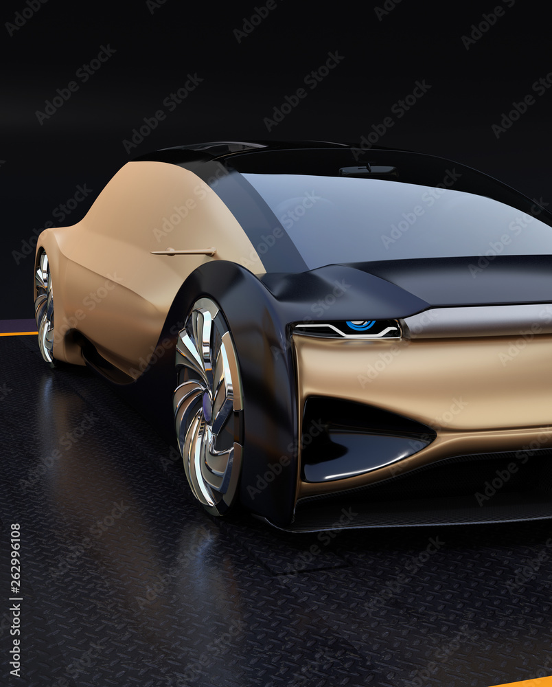 Close-up view of self driving electric car on black background.  3D rendering image.