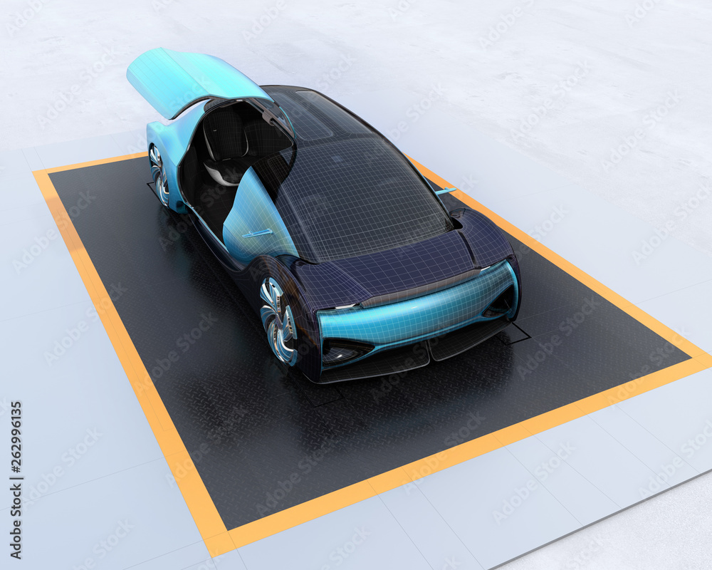 Wireframe rendering of electric car on metal checker plate. Right door opened. 3D rendering image.