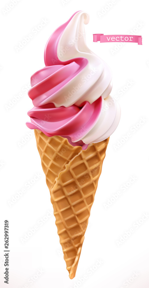 Soft serve ice cream in wafer style cone. 3d realistic vector icon