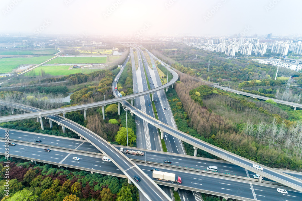 Aerial view of highway and overpass in Shanghai