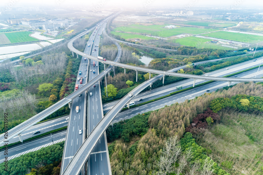 Aerial view of highway and overpass in Shanghai