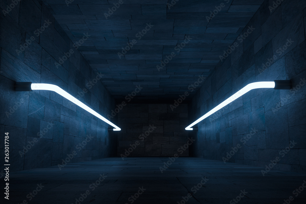 3d rendering, glowing magic lines in anbanoned room, dark background