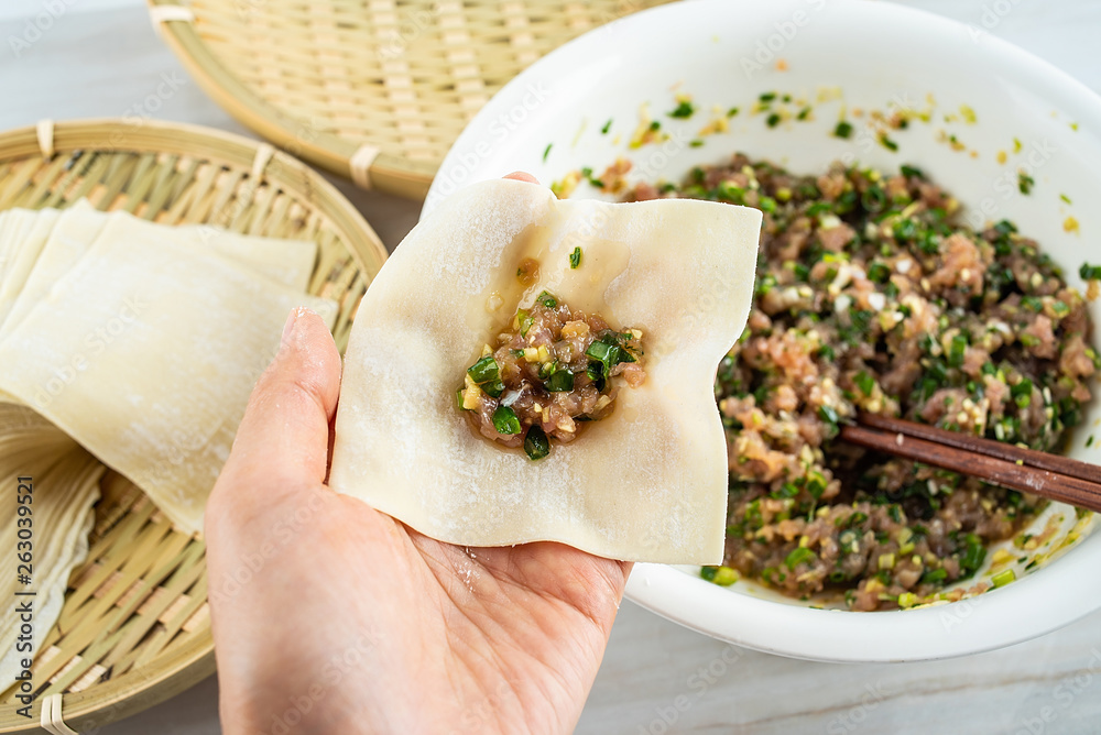 Chinese food wonton making process