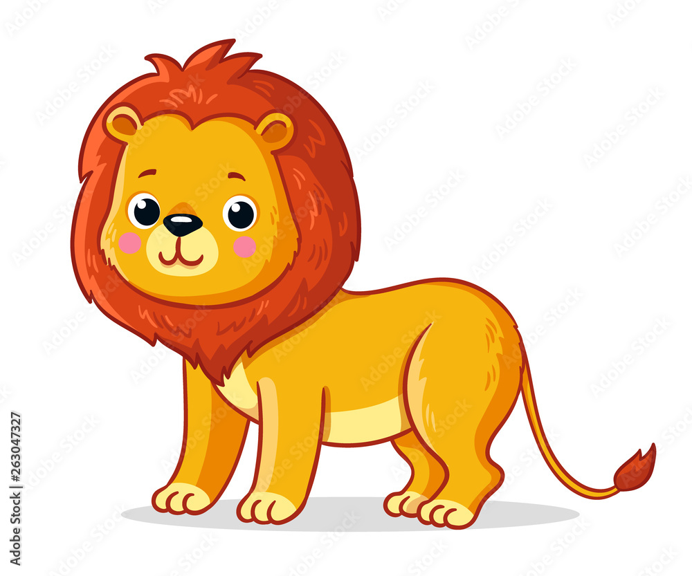 Young lion on a white background. Cute african animal in cartoon style.