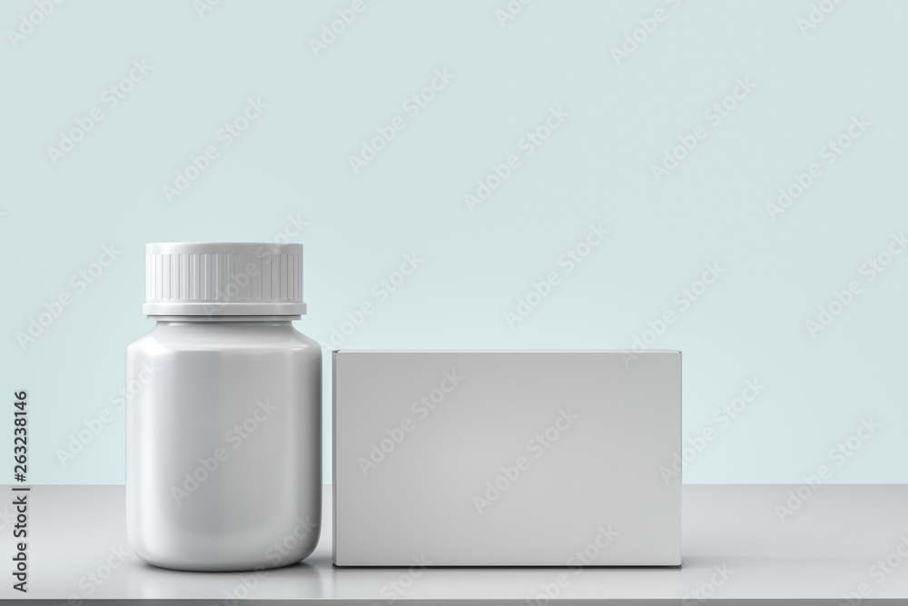 3d rendering, white medicine bottle with package boxes