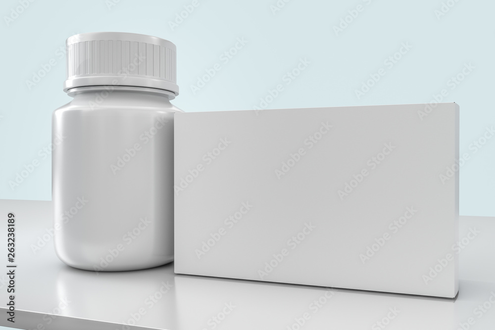 3d rendering, white medicine bottle with package boxes