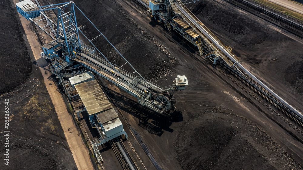 Aerial view large bucket wheel excavators in a lignite mine.