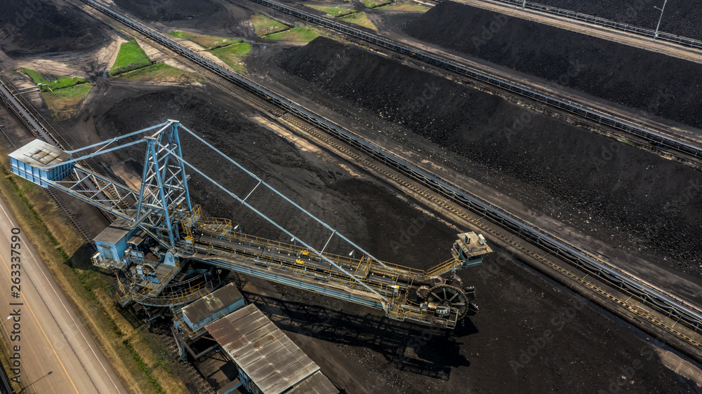 Aerial view large bucket wheel excavators in a lignite mine.