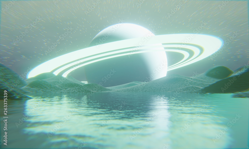 Abstract Sci Fi Shiny Huge Saturn with lake landscape background, 3d rendering.