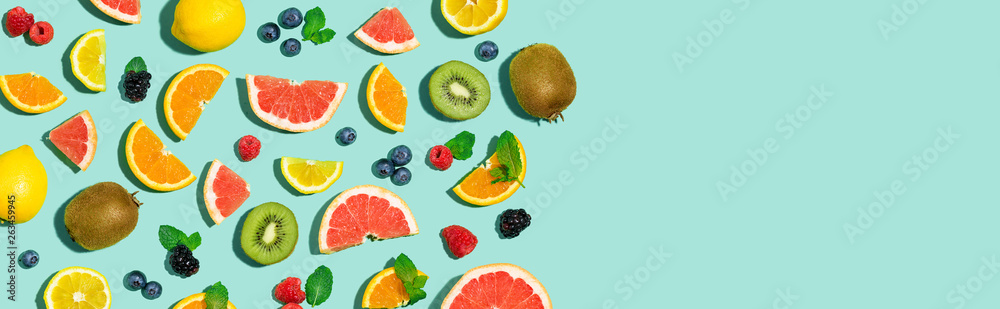 Collection of mixed fruits overhead view flat lay