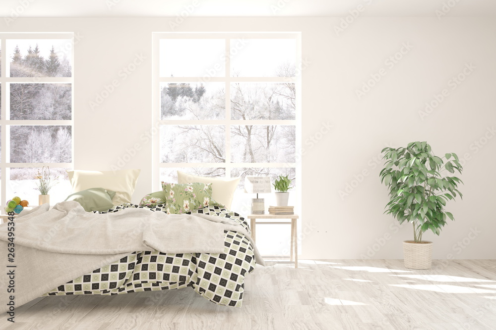 Stylish bedroom in white color with winter landscape in window. Scandinavian interior design. 3D ill