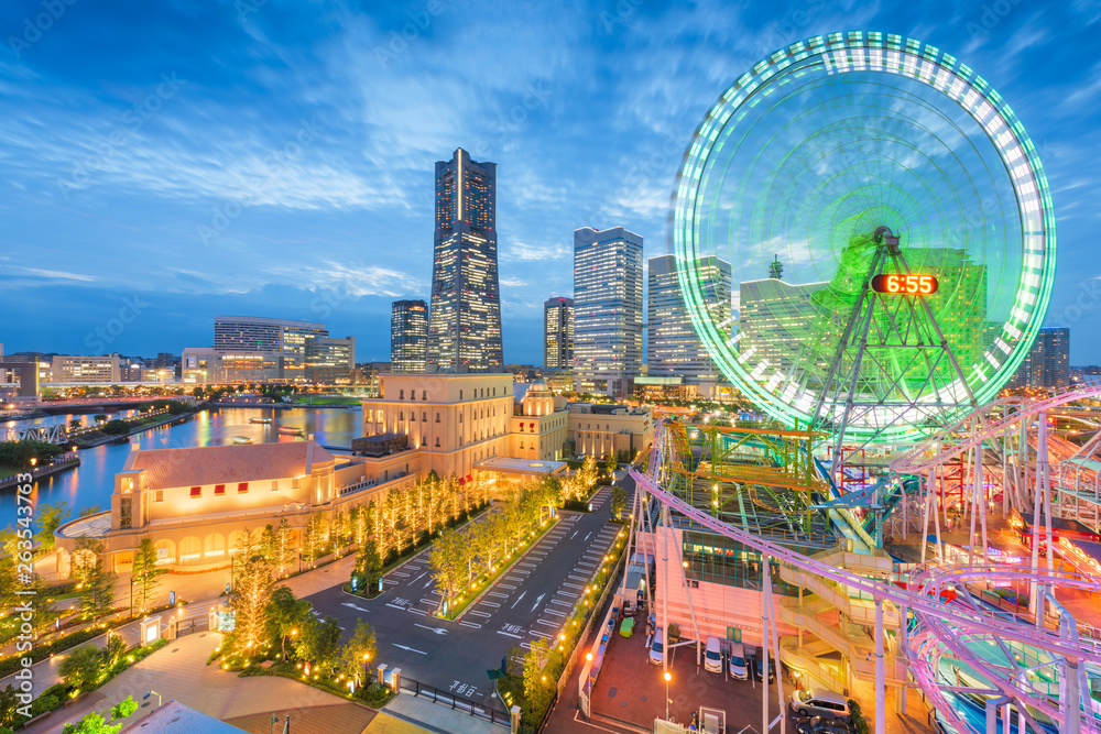 Yokohama, Japan skyline at dusk towards the Minato Mirai district