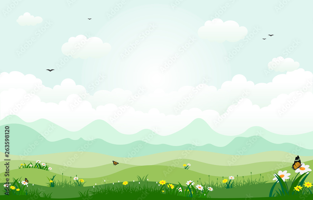 Summer Spring Green Valley Bright Sun Outdoor Landscape Illustration