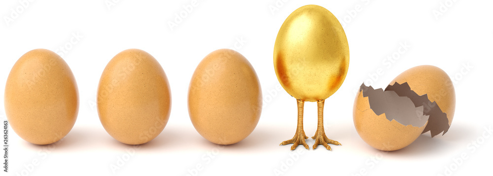 Row of chicken eggs. One golden egg with golden chicken feet and one Broken Egg Shell. isolated on a