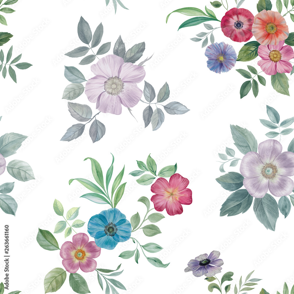 Seamless watercolor pattern. Hand painted leaves of different colors on a white background.