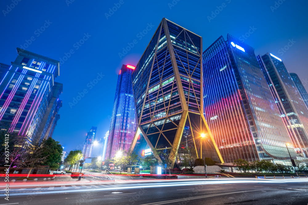 Road City Nightscape Architecture and Fuzzy Car Lights..